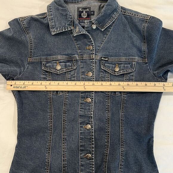 Vintage Faconnable Distressed Denim Jean Jacket Fitted Stretch Y2K Womens Small - Picture 12 of 14